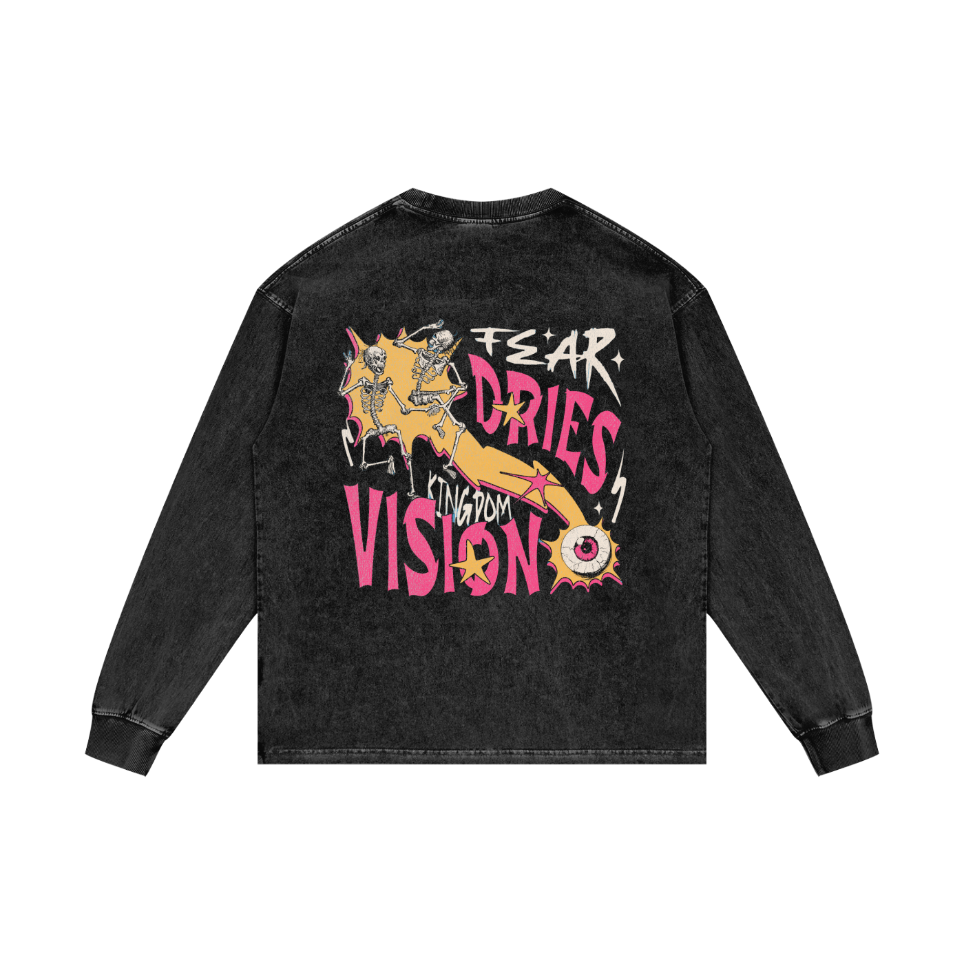 FTS-Fear Dries Kingdom Vision Black Acid Wash Oversize Long Sleeve T-Shirt