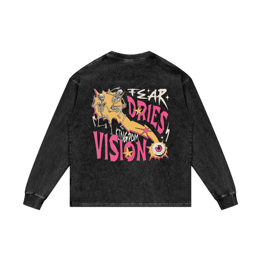 FTS-Fear Dries Kingdom Vision Black Acid Wash Oversize Long Sleeve T-Shirt