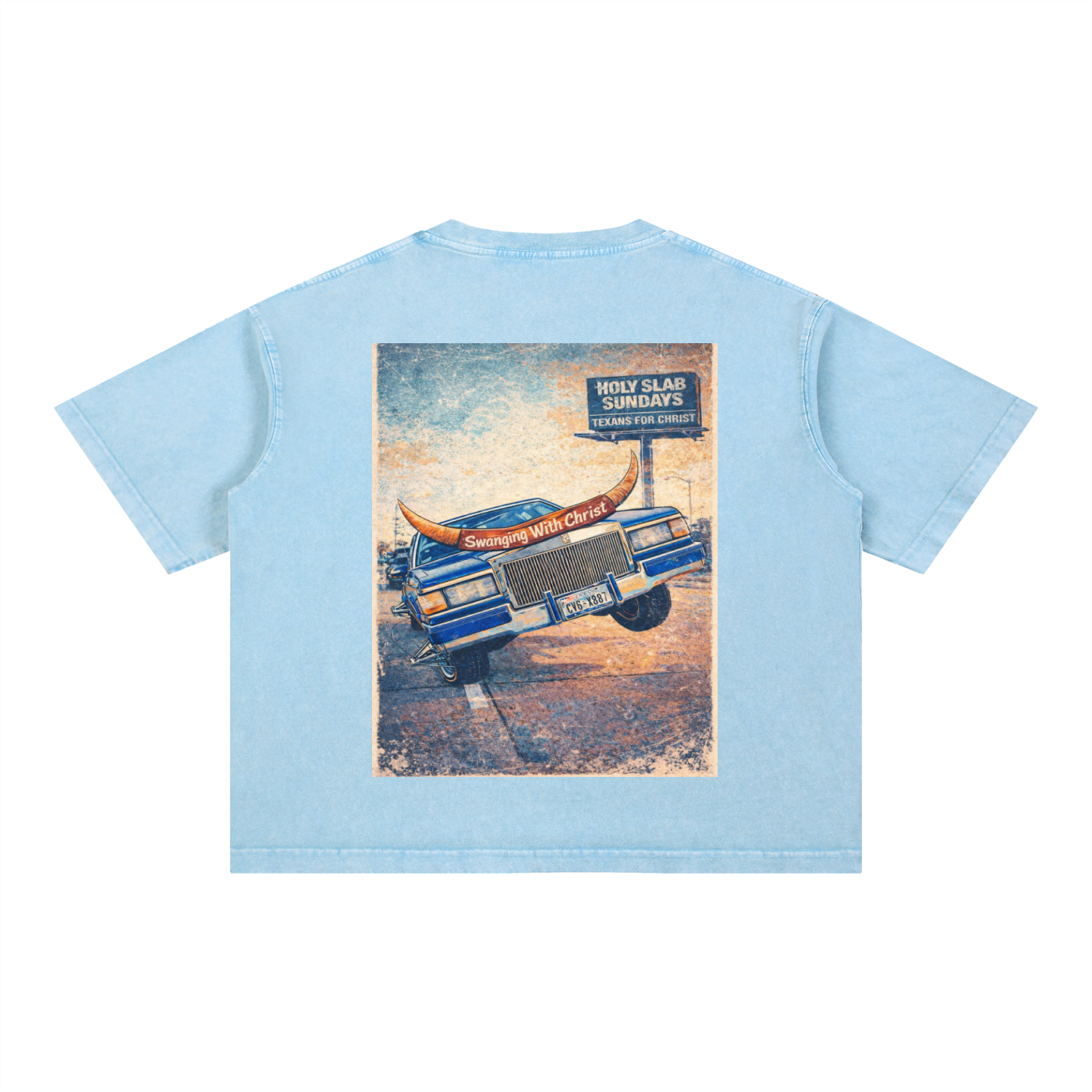 Swanging For Christ Blue Line Mineral Wash Boxy Cotton T-Shirt