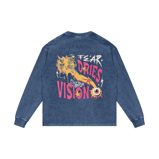 FTS- Fear Dries Kingdom Vision Blue Acid Wash Oversize Long Sleeve T-Shirt
