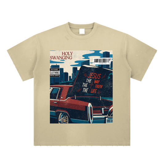 Holy Swanging Jesus Take The Wheel Hand-Frayed Sunfade Paint Splatter T-Shirt