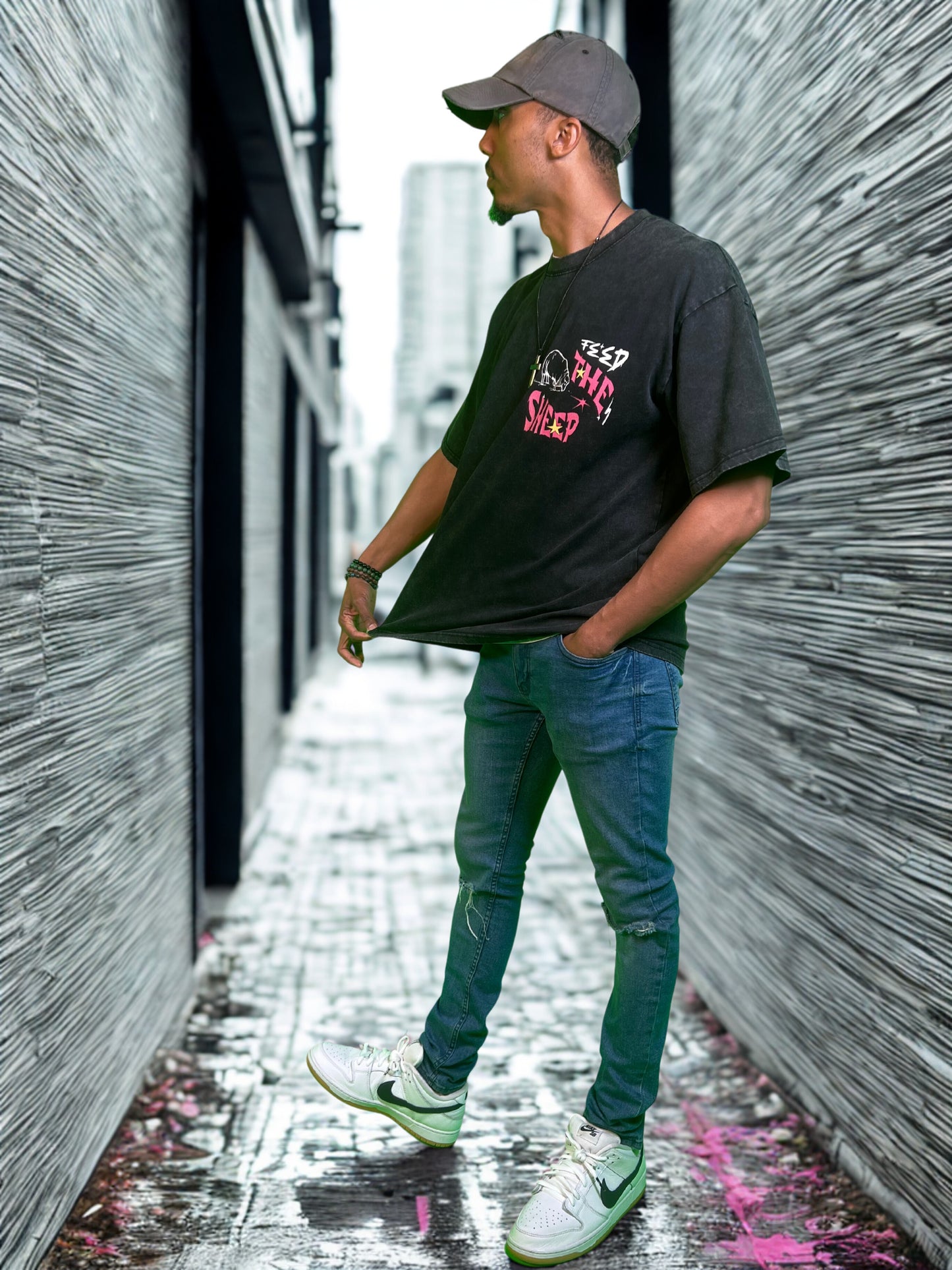 FTS-Fear Dries Kingdom Vision Oversize Black Snow Washed Graphic T-Shirt