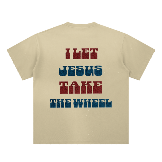 Holy Swanging Jesus Take The Wheel Hand-Frayed Sunfade Paint Splatter T-Shirt