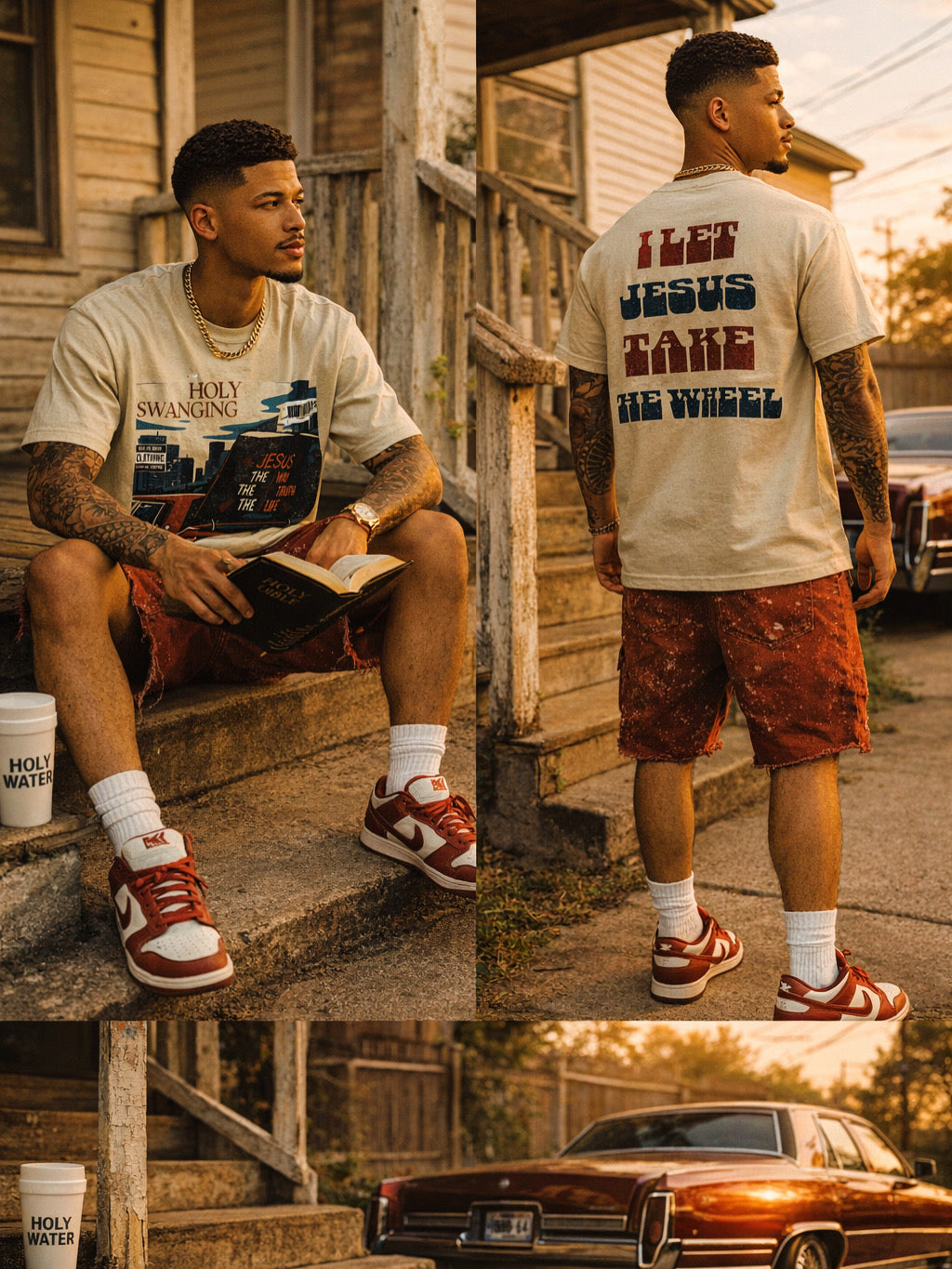 Holy Swanging Jesus Take The Wheel Hand-Frayed Sunfade Paint Splatter T-Shirt