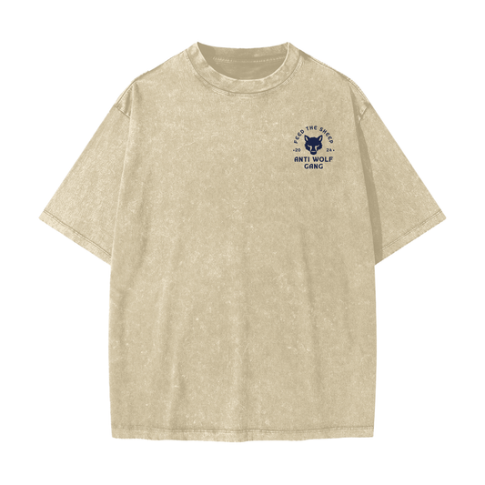 FTS- Anti Wolf Streetwear American Vintage Waxed Dyed Washed  Heavyweight 100% Cotton T-Shirt